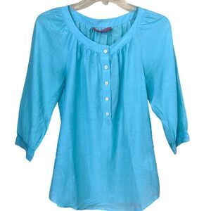 Trina Turk For Banana Collection Turquoise Silk Cotton Blue Blouse Size 0